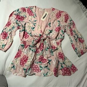 Impressions Pink Floral Tie-Front Blouse